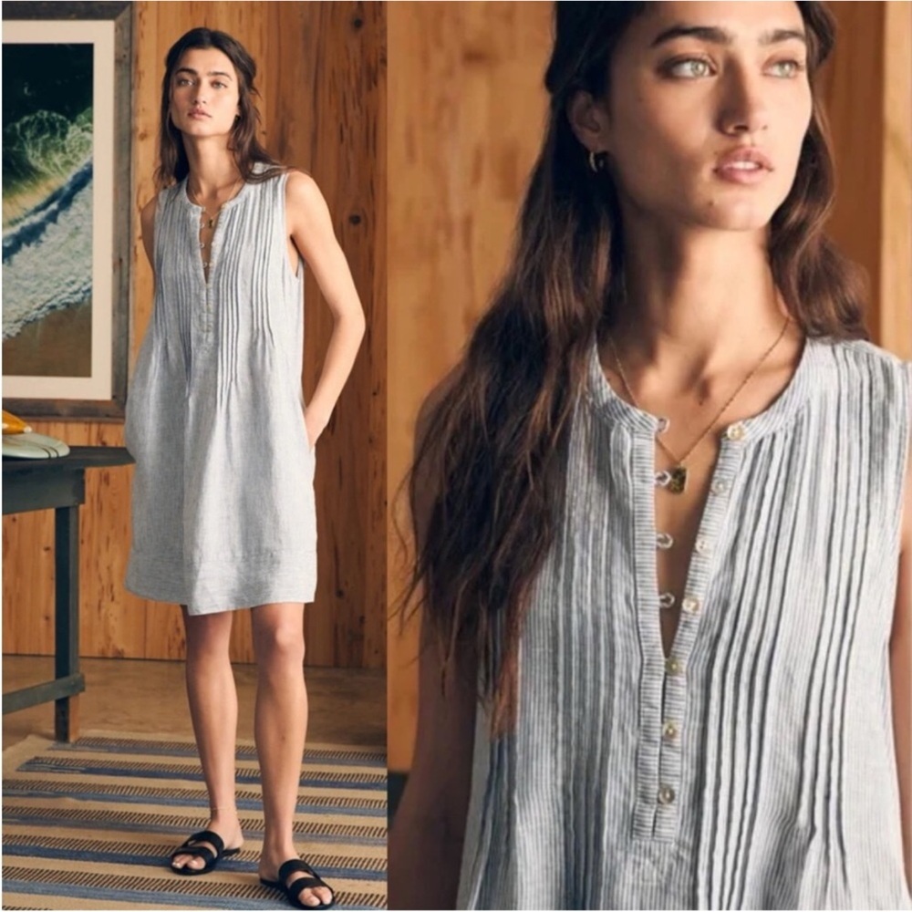 Faherty Light Blue Sleeveless Pleated Linen Shift Dress